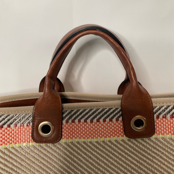 Jen & Co Woven Patterned Cotton Peach Cream Grey Striped Tote Bag Lined Interior - Picture 3 of 15